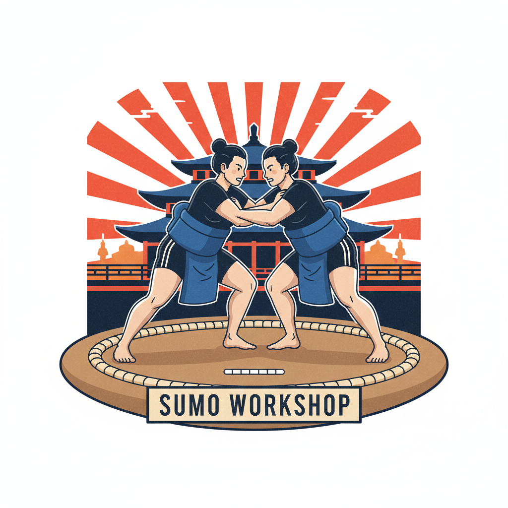 Two sumo wrestlers face each other in a ring with a traditional Japanese backdrop and a Sumo Workshop label.